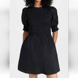 NWT Hill House Vivi Nap Dress XXS Black Cotton Smocked Short Sleeve Mini Pockets